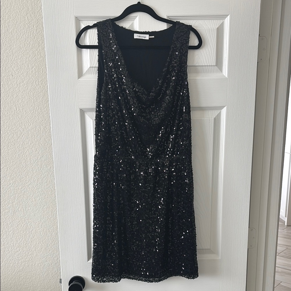 Calvin Klein Black Sequin Mini Dress V-Neck Cocktail